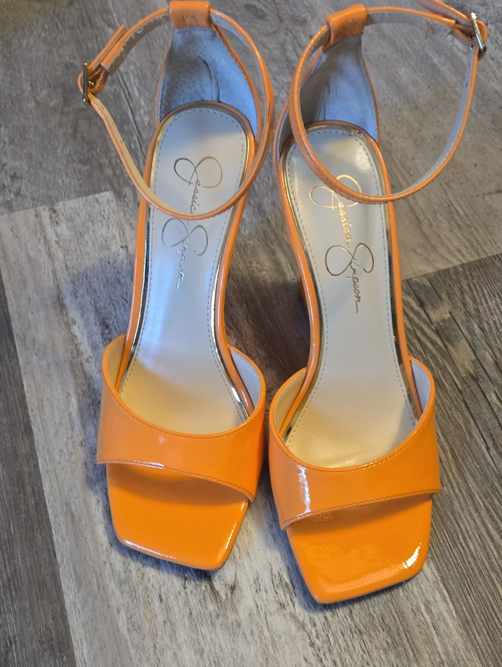 Jessica Simpson Orange Patent Leather Wedge Sandals
